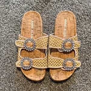 Anne Klein Beige Woven Cork Slide Sandals with Crystal Buckles